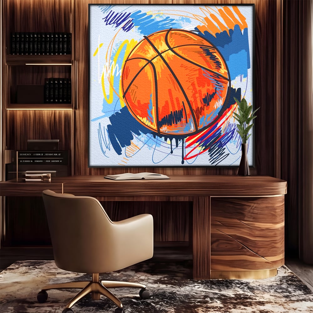 Tablou canvas cu tablou canvas cu minge de baschet, in rama de aluminiu negru, pe perete intr-un birou